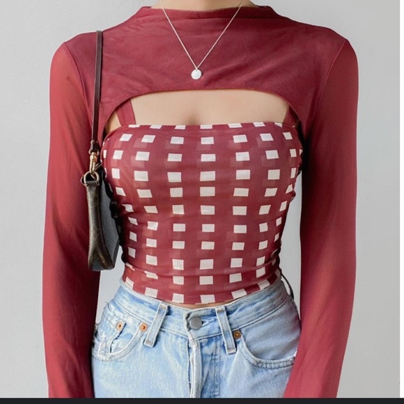 Free People Two Piece Burgundy Checkered Mesh Crop Top Medium NWT - Picture 1 of 4
